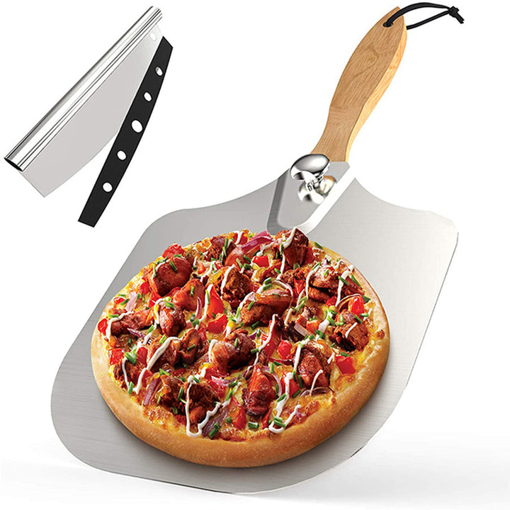 Aluminium Pizza Peel with Foldable Wood Handle and Pizza Cutter