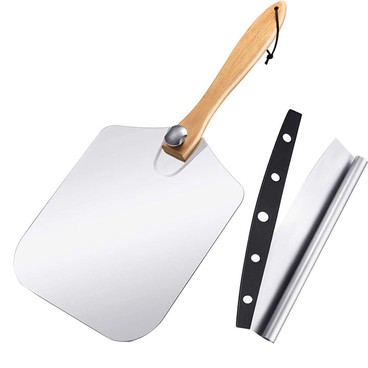 Aluminium Pizza Peel with Foldable Wood Handle and Pizza Cutter