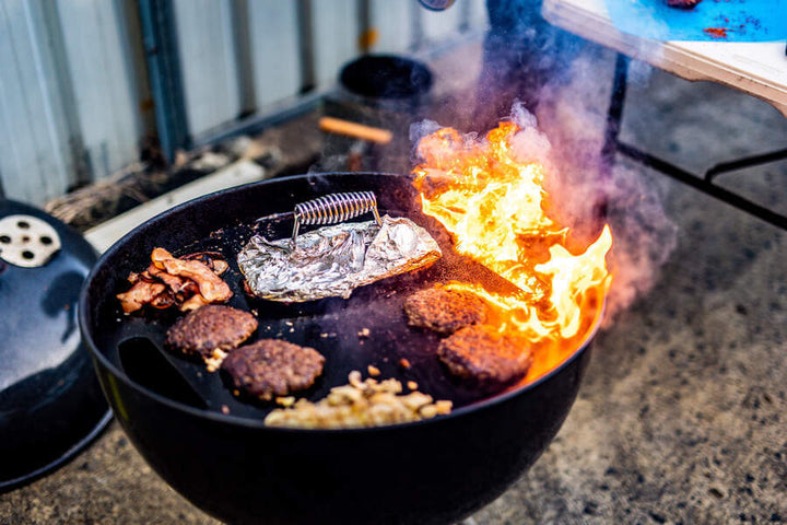 Cast Iron Burger Grill Press - Flaming Coals