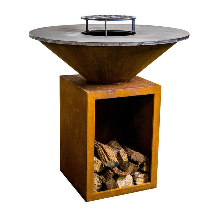 Round Rustic Firepit BBQ with Wood Storage - 1000mm - Flaming Coals