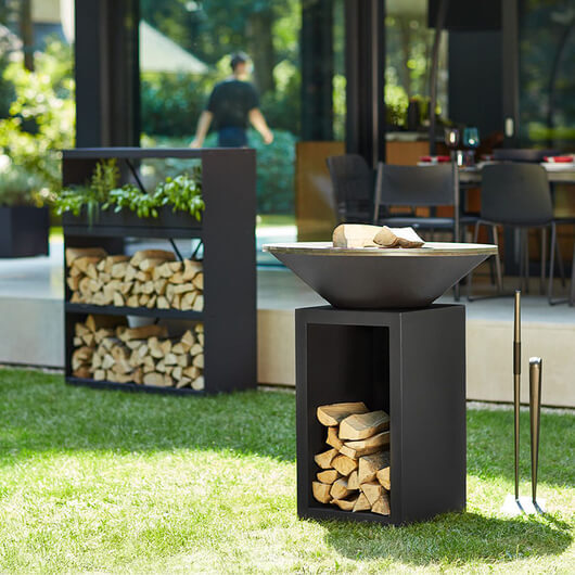 Round Black Firepit BBQ with Wood Storage -1000mm - Flaming Coals