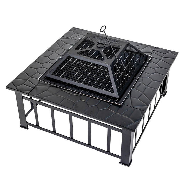 Square Firepit 900mm with Cooking Grill - Flaming Coals