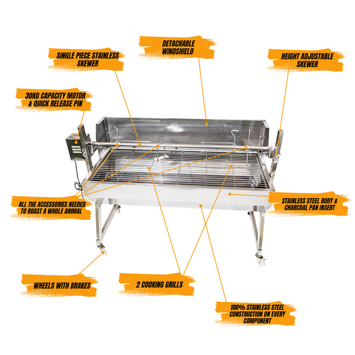 1500 Stainless Steel Spartan Spit Roaster | Flaming Coals