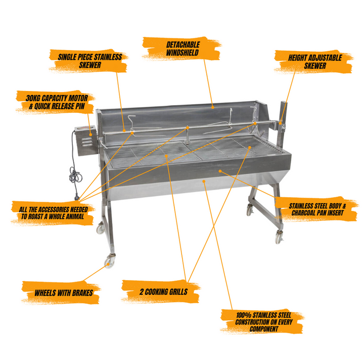 1200 Stainless Steel Spartan Spit Roaster | Flaming Coals